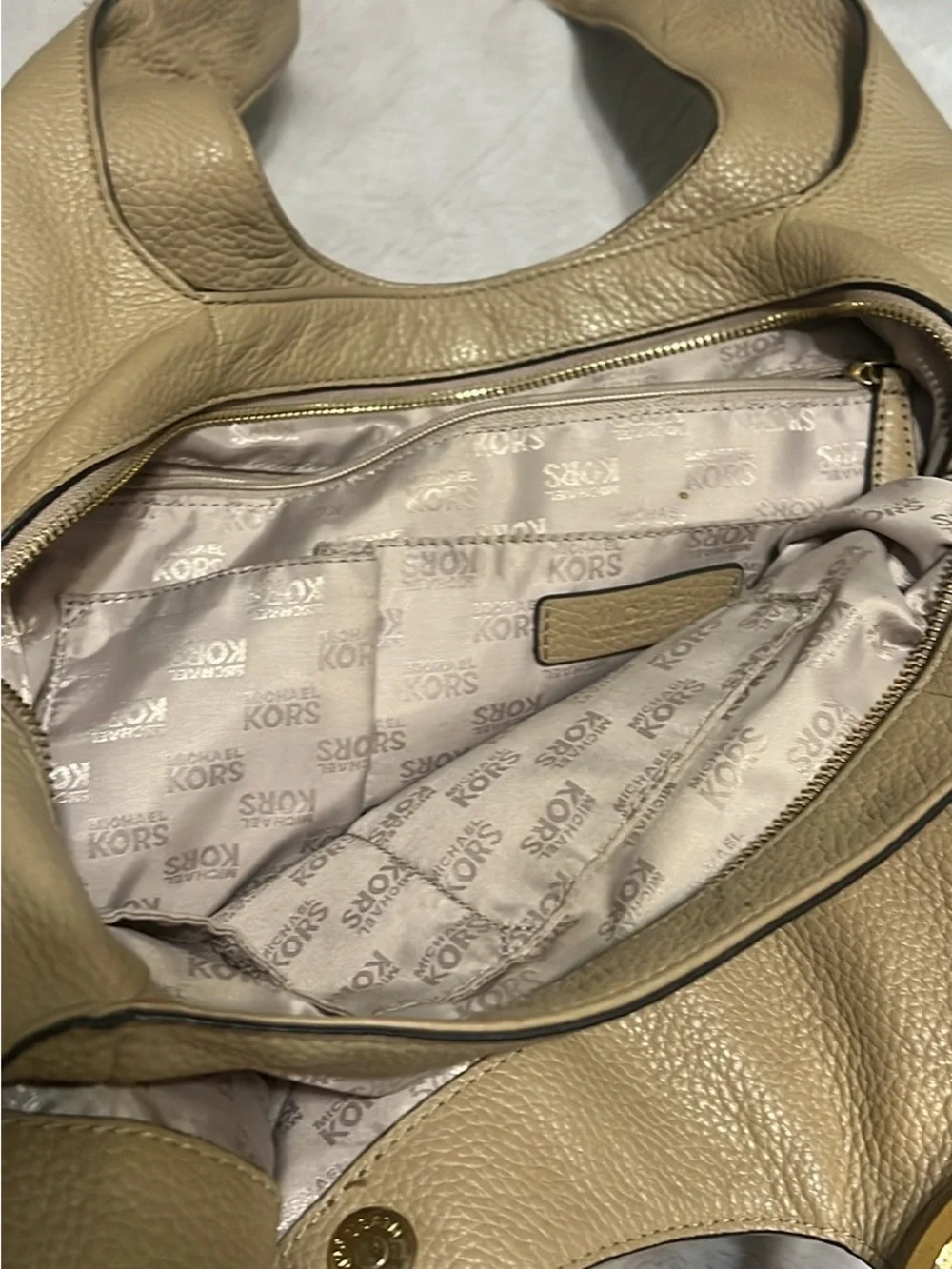 Michael Kors Beige Pebbled Leather Hobo with Gold MK Charm